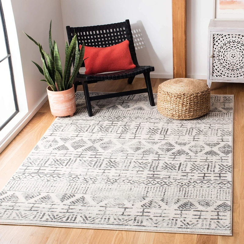 Safavieh Tribal Inspired Indoor Woven Rectangle Area Rug, Mercer Collection, MRE413, in Ivory / Grey, 160 X 229 cm for Living Room, Bedroom or Any Indoor Space