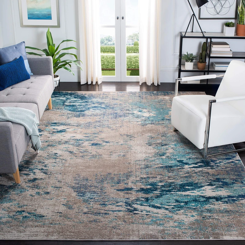 Safavieh Boho Rug for Living Room, Dining Room, Bedroom - Madison Collection, Short Pile, in Blue and Grey, 91 x 91 cm
