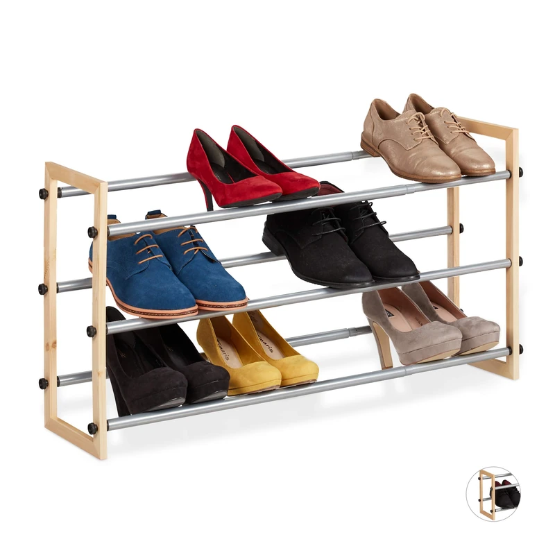 Relaxdays Extendible Shoe Rack, Open Storage Stand with 3 Tiers Wood & Iron, Up to 118 cm, Natural