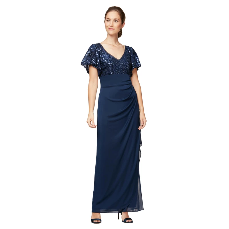Alex Evenings Women's Long Sequin Special Occasion Dress, Navy Flutter Sleeve, 16