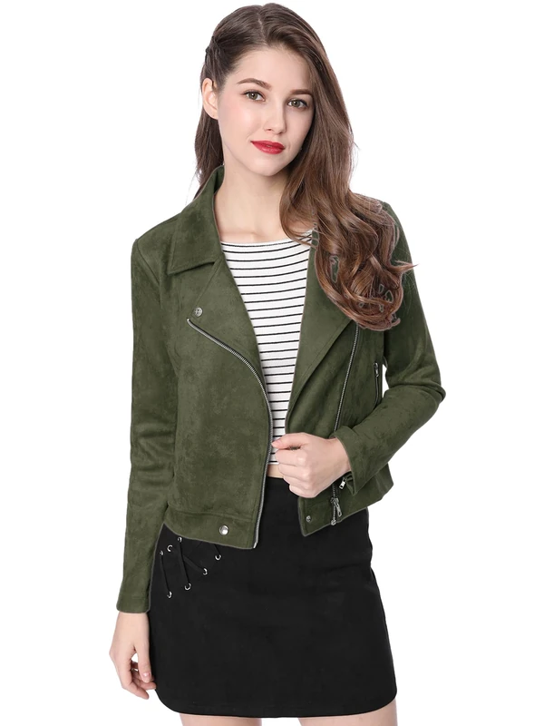 Allegra K Women's Short Soft Zip Up Faux Suede Biker Moto Jacket, Olive Green, XL
