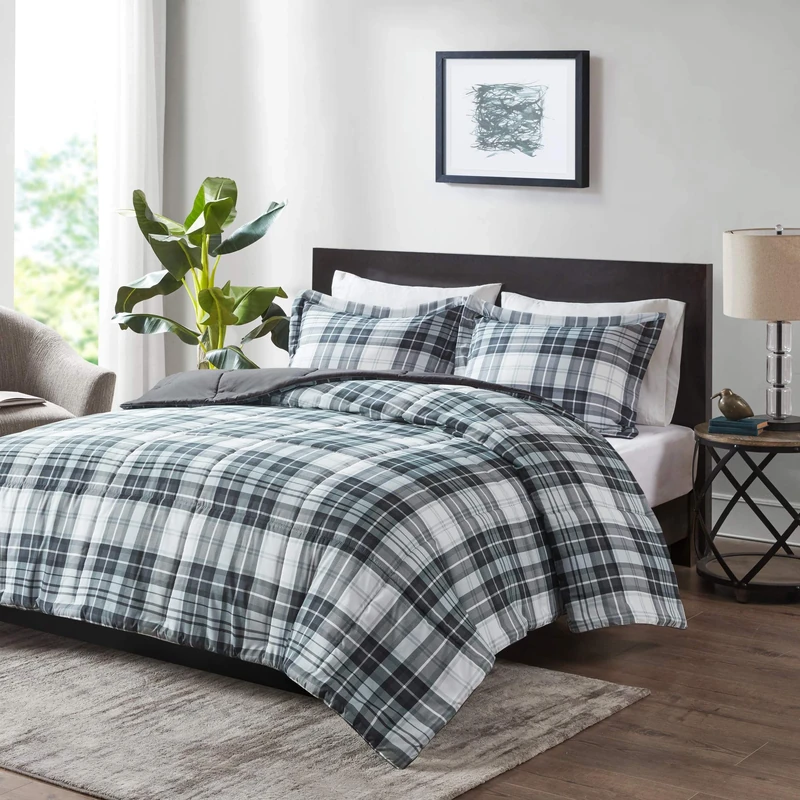 Madison Park Essentials Plaid Comforter, Matching Sham, 3M Scotchguard Stain Release Cover, Hypoallergenic All Season Bedding-Set, Microfiber,Fiber Fill, Black, Full/Queen