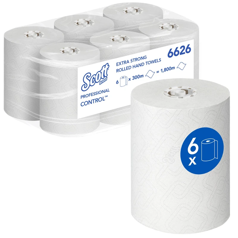 Scott Control Extra Strong Rolled Paper Towels 6626 - Paper Hand Towels - 6 x 300m White Paper Towel Rolls (1,800m total)