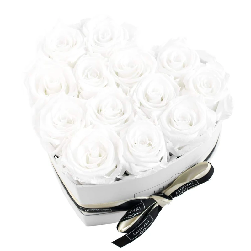 Infinity Flowerbox Heart - 13 Real Preserved Roses - Pure White - Lasts for Years Without Water | The Perfect Present