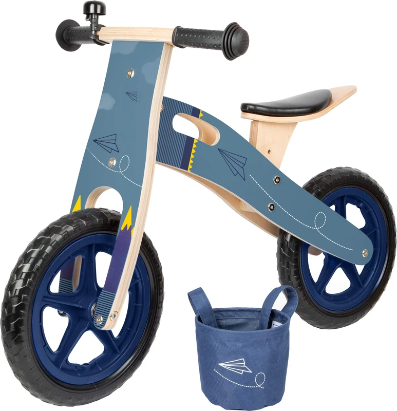 Small Foot 11614 Balance Bike Blue Flyer made of wood, walking learning aid w/adjustable seat & rubber-finished wheels