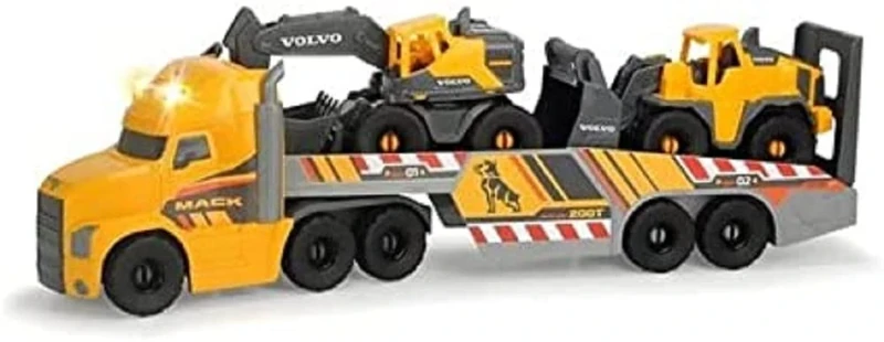 Dickie Toys Volvo Heavy Mack Truck, Large Truck with 2 Volvo Vehicles on Trailer, Excavator & Wheel Loader, Trailer for Decoupling, Light & Sound, Includes Batteries, 70 cm, Yellow, 203729012