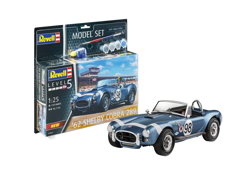 Revell Model Set 67669 62 Shelby Cobra 289 1:25 Scale Unbuilt/Unpainted Plastic Model Kit with Contacta Professional Glue, Paintbrush & Selected Aqua Color Paints