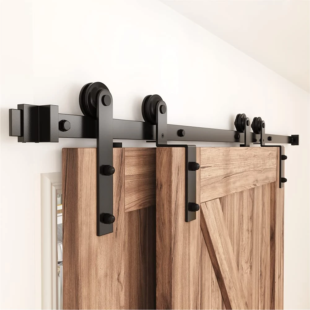 ZEKOO 11 FT Bypass Sliding Barn Door Hardware Kit, Single Track, Double Wooden Doors Use, Flat Track Roller, One-Piece Rail Low Ceiling (11FT Single Track Bypass)
