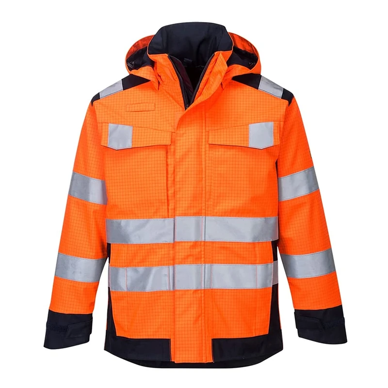 Portwest MV70 Waterproof Modaflame Rain Multi Norm Arc Jacket Orange/Navy, Medium