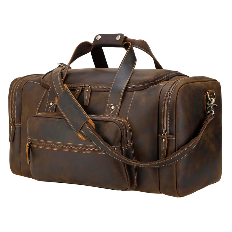 Polare 23" Full Grain Cowhide Leather Gym Duffle Weekender Overnight Travel Duffel Bag for Men