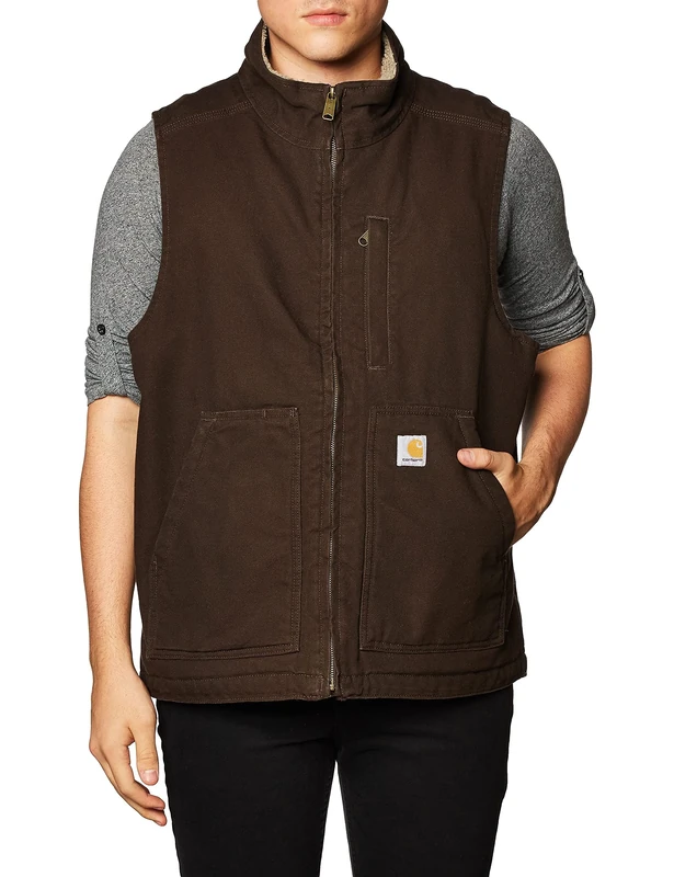 Carhartt Men's Sherpa Lined Mock-Neck Vest Work Utility Outerwear, Dark Brown, XXL