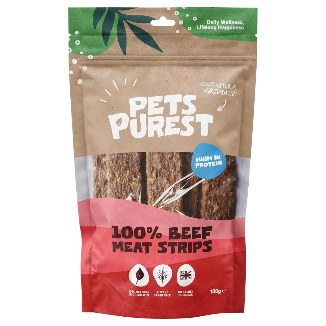 Pets Purest Beef Strips Dog Treats, Air-Dried Beef Sticks - 100% Natural Dog Chews, Grain Free, High Protein, Raw Dog Treats Suitable for Puppy & Senior - 100g