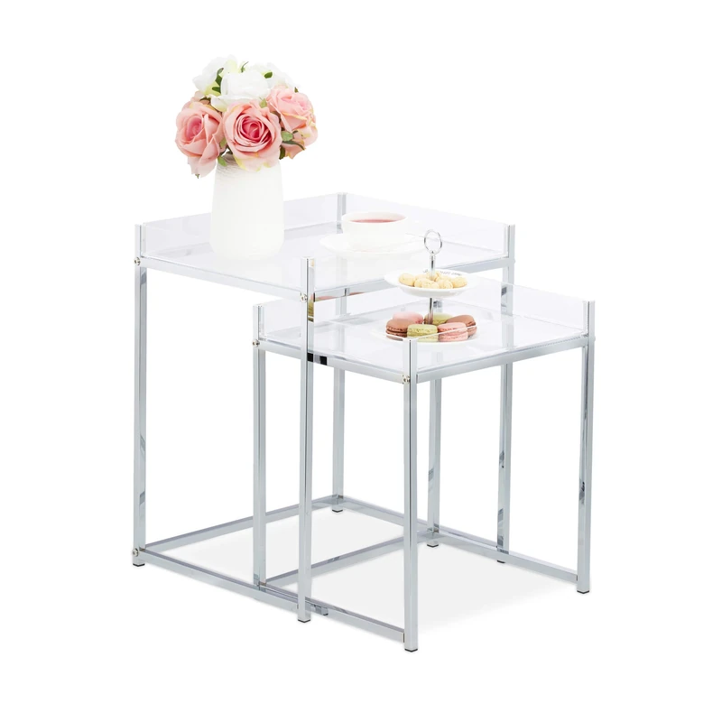 Relaxdays Side Table Set of 2, Square, Modern Design, Acrylic Living Room Stand, HWD: 49 x 40 x 35 cm, Clear