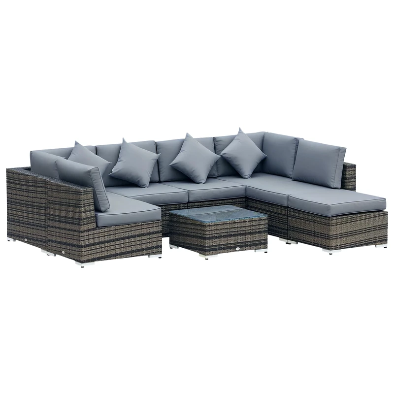 Outsunny 8 Piece Rattan Corner Sofa Set with Wide & Deep Seat, Assembled Aluminium PE Rattan Garden Furniture Set with Thick Cushions and Glass Top Table for Outdoor, Conservatory, Grey