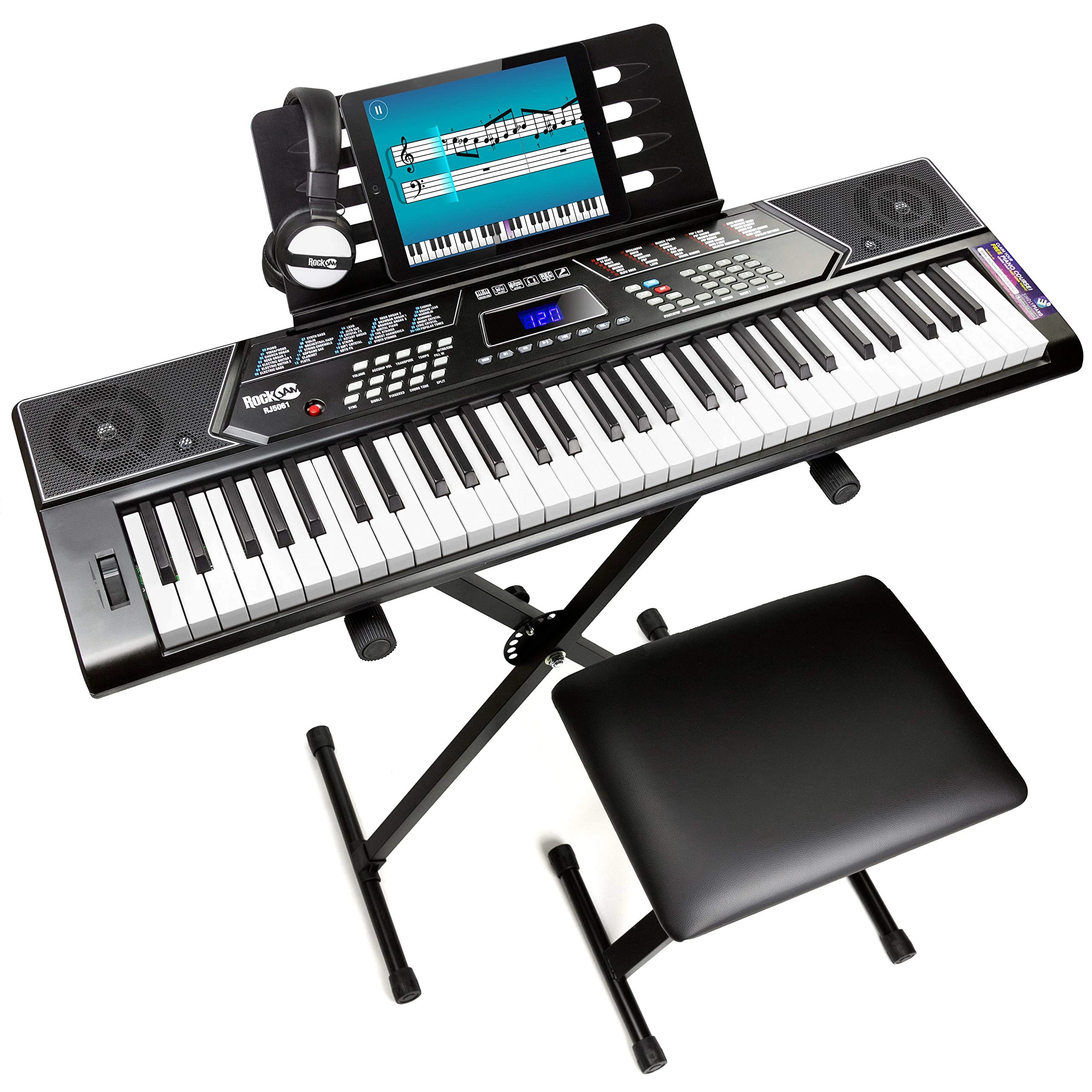 Rockjam RJ5061 RockJam 61 Key Keyboard Piano With Pitch Bend Kit, Keyboard Stand, Piano Bench, Headphones, Simply Piano App & Keynote Stickers, Black