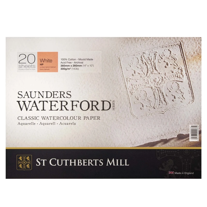 St Cuthberts Saunders Waterford Hot Pressed Block White 300gsm 360 x 260mm, 20 Sheets, Professional Watercolour Paper
