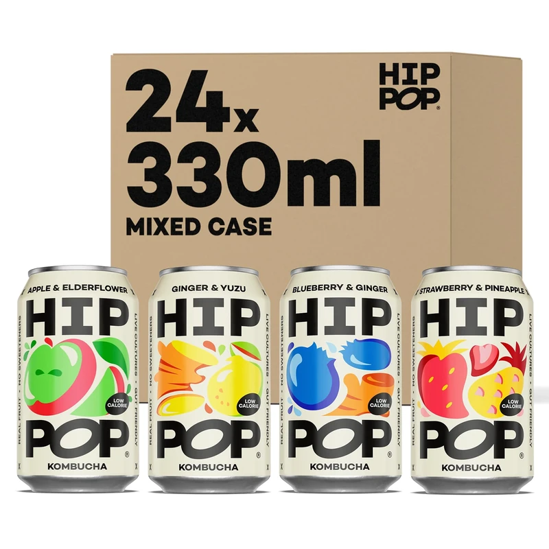 Hip Pop Real Fruit Kombucha Mixed Flavours, 24 x 330ml, 100% Natural, No Sweeteners, Low Calorie, Vegan, Gut-Friendly Sparkling Drink