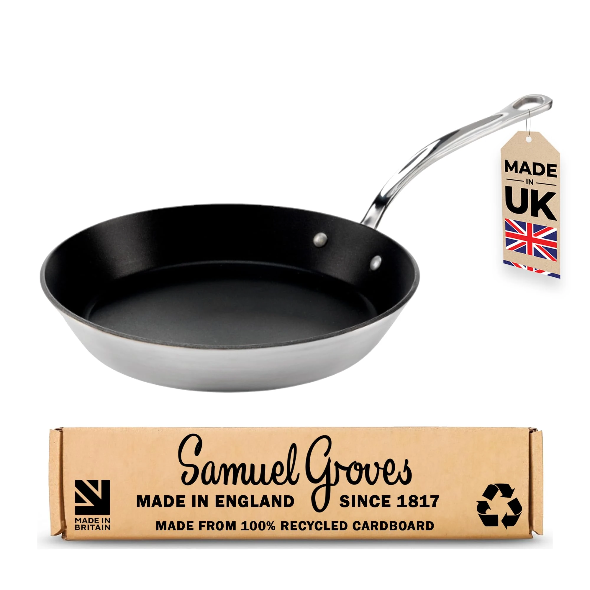 Samuel Groves - 25.5cm Stainless Steel Tri-Ply Non-Stick Frying Pan – PFOA Free, Scratch-Resistant ILAG Durit Professional S Coating, Induction Compatible, UK Made