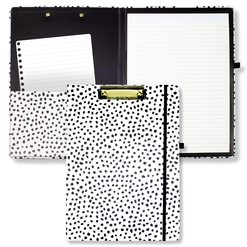 Steel Mill & Co Cute Clipboard Folio with Refillable A4 Lined Notepad and Interior Storage Pocket for Women (Black Dots)