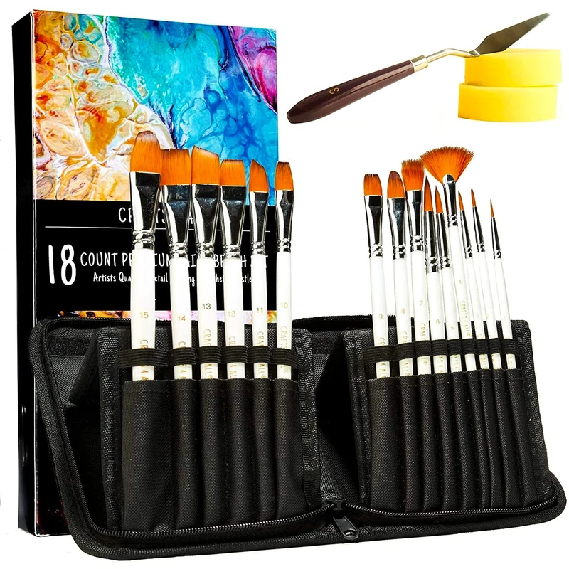 Crafts 4 All Acrylic Paint Brushes - Pack of 18 Professional, Wide and Fine Tip, Nylon Hair Artist Paintbrushes - Paintbrush Bulk Set for Watercolor, Canvas, Craft, Detail & Oil Painting