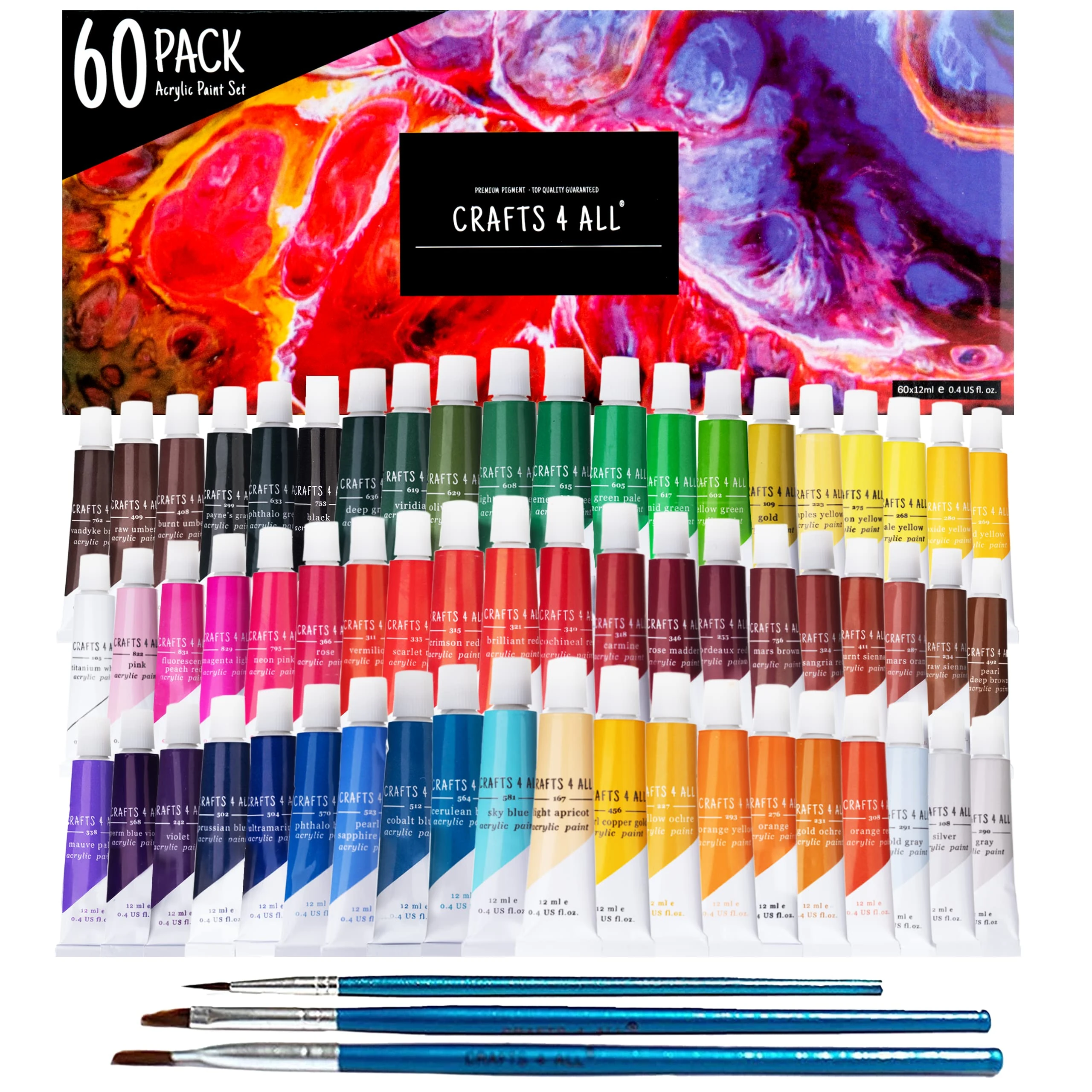 Crafts 4 ALL Acrylic Paint Set - 60 Paints for Canvas, Wood, Ceramic & Fabric – Non-Toxic, Vibrant Pigments for Beginners, Students and Professional Artists - Art Supplies