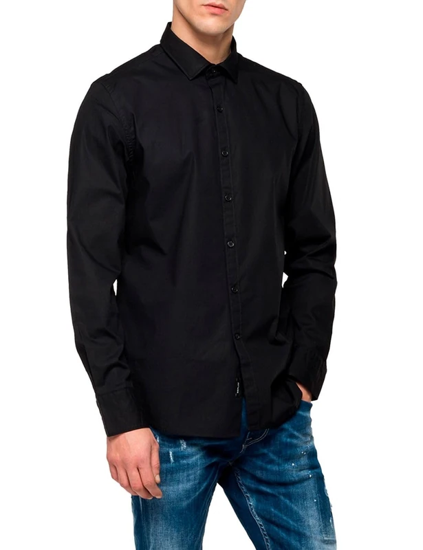 Replay men's long-sleeved shirt with stretch, black (Black 098), L