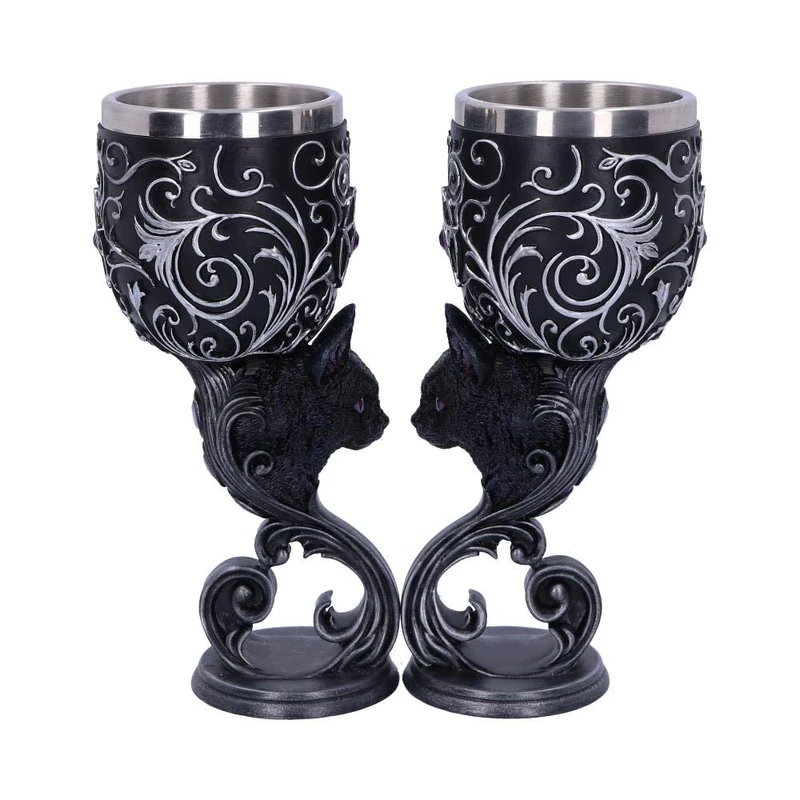 Nemesis Now Hex Twin Cat Heart Set of Two Goblets, Resin w/Stainless Steel Insert, Black and Silver, 2 Count (Pack of 1)