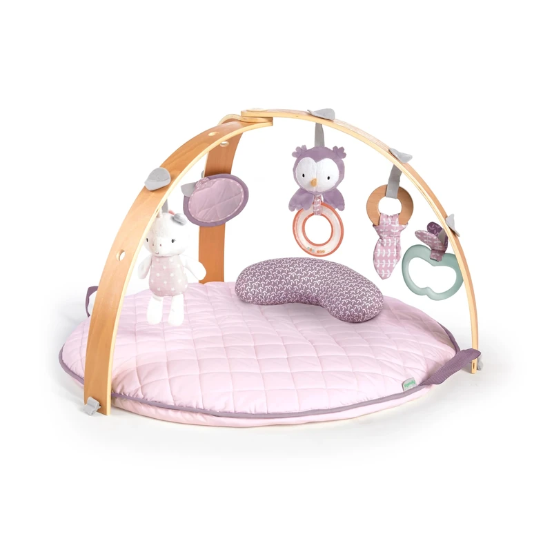 Ingenuity, Cosy Spot Reversible Duvet Activity Gym and Padded Play Mat with Wooden Removable Toy Bar, 6 Detachable Toys, Foldable for Easy Transport, Pink - Calla, Ages Newborn +