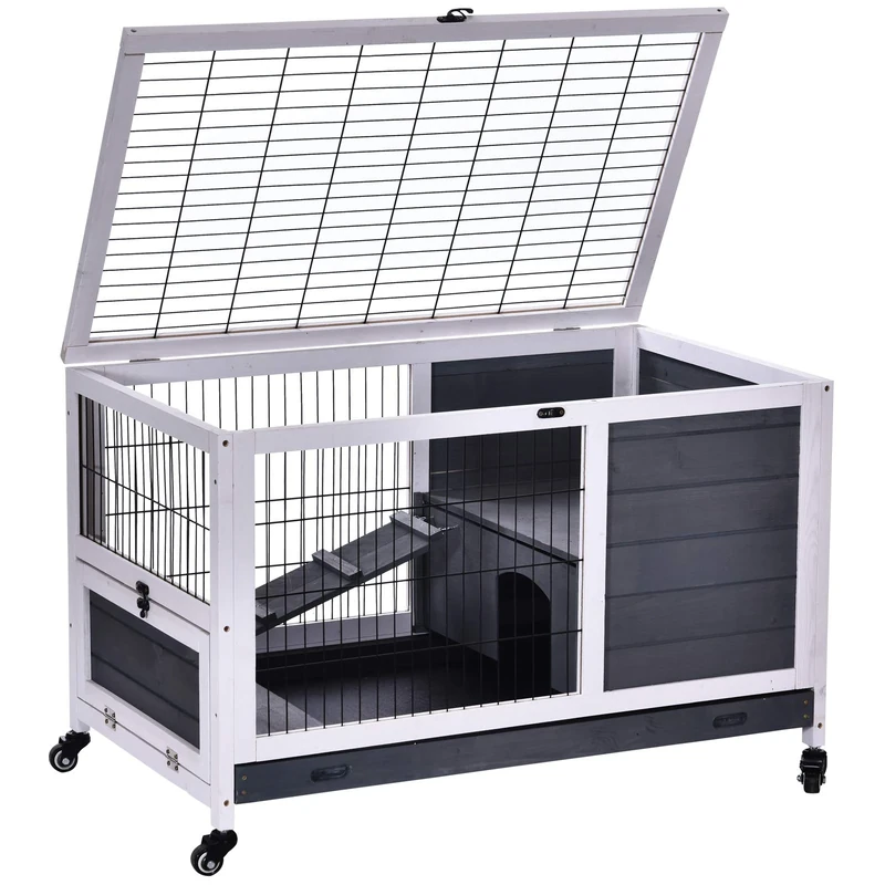 PawHut Wooden Rabbit Hutch Guinea Pigs House Bunny Small Animal Cage Openable Roof Portable Indoor Enclosed Run 90 x 53 x 59 cm White