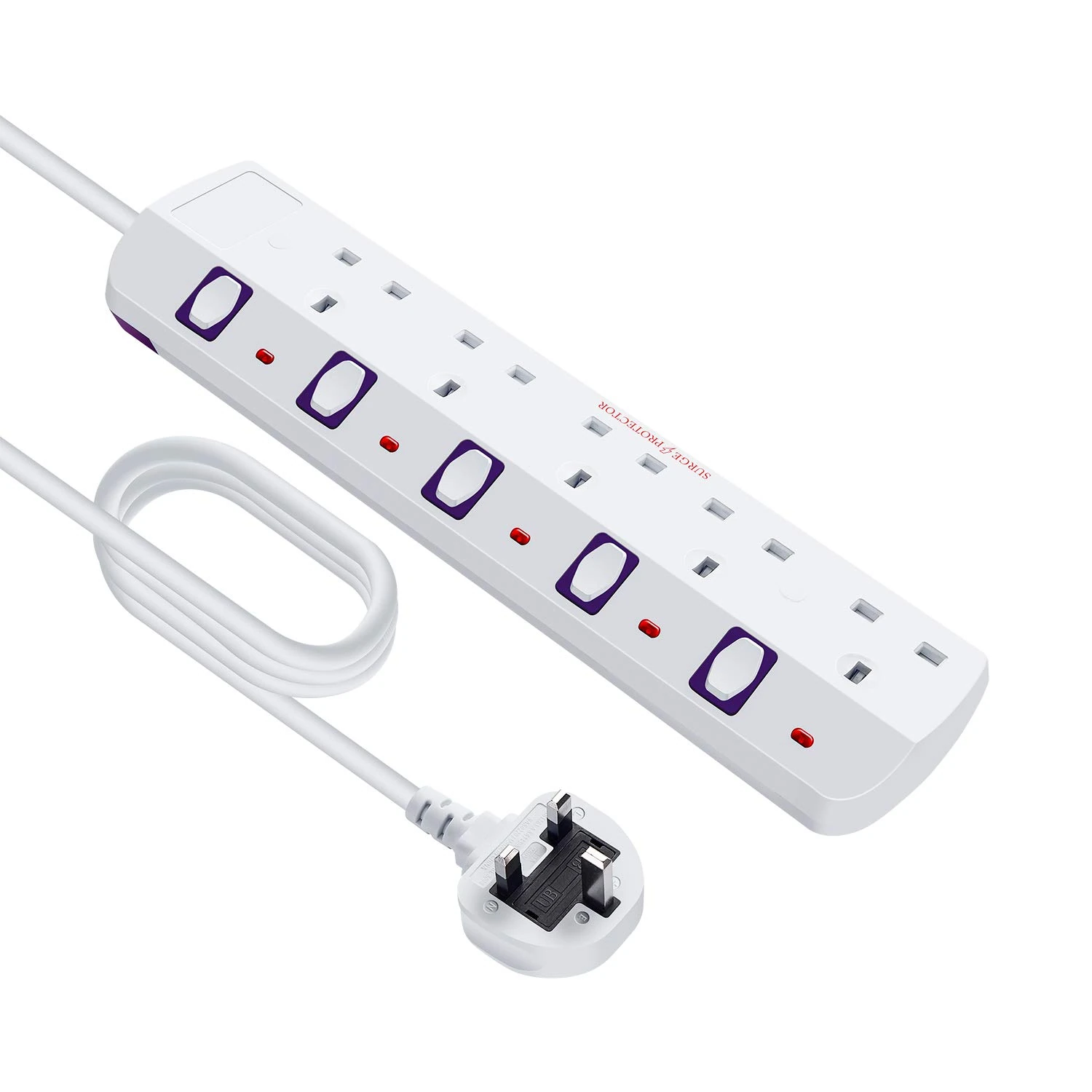 2M 5 Way individual Switch Power Surge Protection Extension Lead, Strip-5Gang-2M (5Way-White)