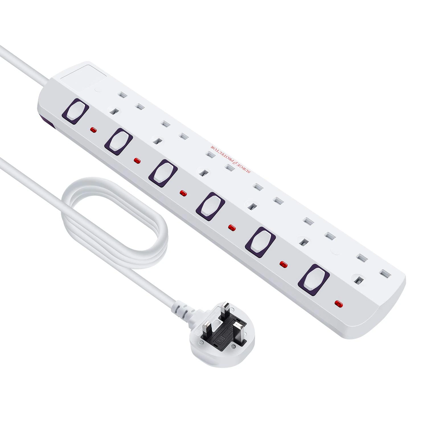 2M 6 Way individual Switch Power Surge Protection Extension Lead, Strip-6Gang-2M (6Way-White)