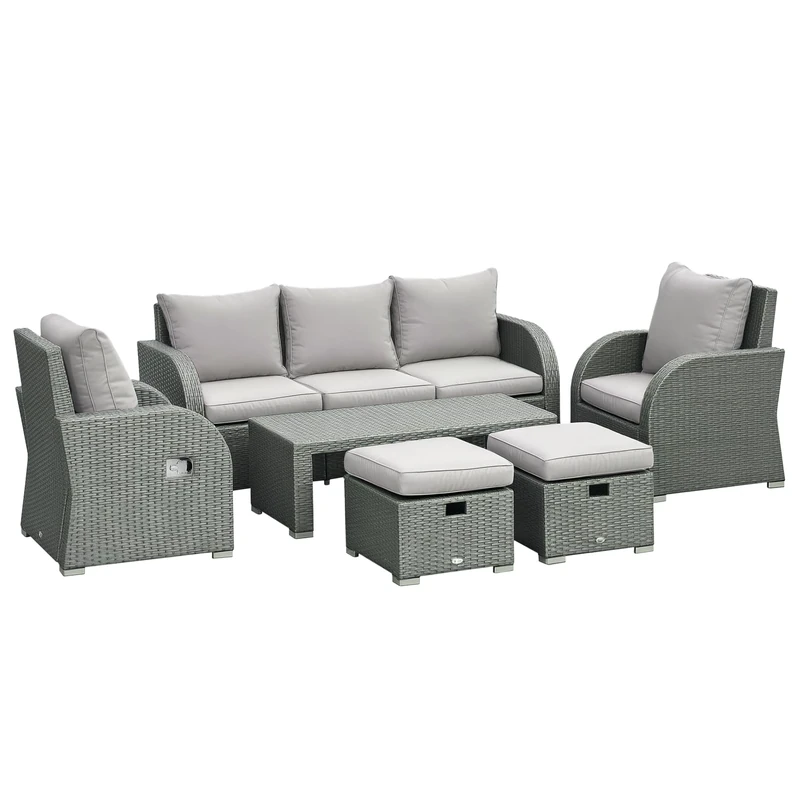 Outsunny Rattan Garden Sofa Set With 3 Seater Sofa, 2 Reclining Single Sofa, Coffee Table, Footstool, Space-saving Outdoor Patio Wicker Furniture Set - Light Grey
