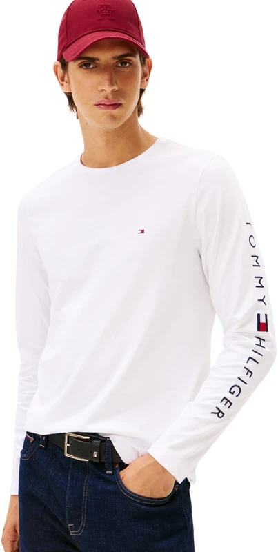 Tommy Hilfiger Men’s Tommy Logo Cotton Long Sleeve Top, White (White), L - Image 1