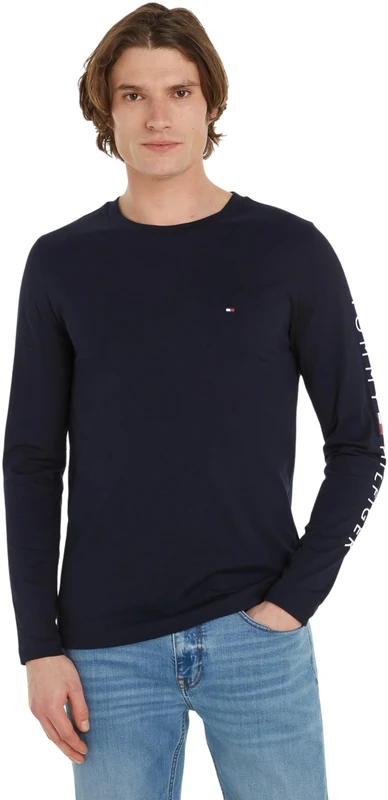 Tommy Hilfiger Men Tommy Logo Long-Sleeve T-Shirt Cotton, Blue (Desert Sky), XS