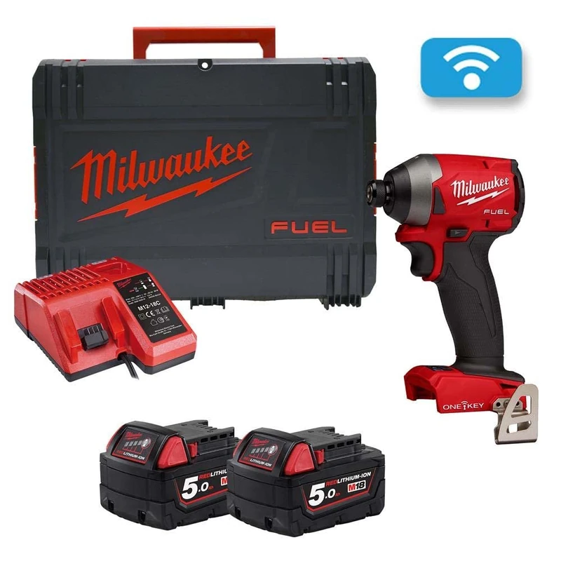 Milwaukee M18 ONEID2-0 18V Fuel ONE-Key Brushless Impact Driver + 2X 5Ah Batteries, Charger & Case