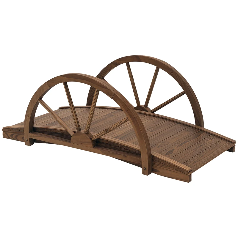 Outsunny Wooden Garden Bridge Lawn Décor Stained Finish Arc Outdoor Pond WalkwayYard Decoration Half Wheeled Railings 100L x 50W x 37Hcm - Image 1