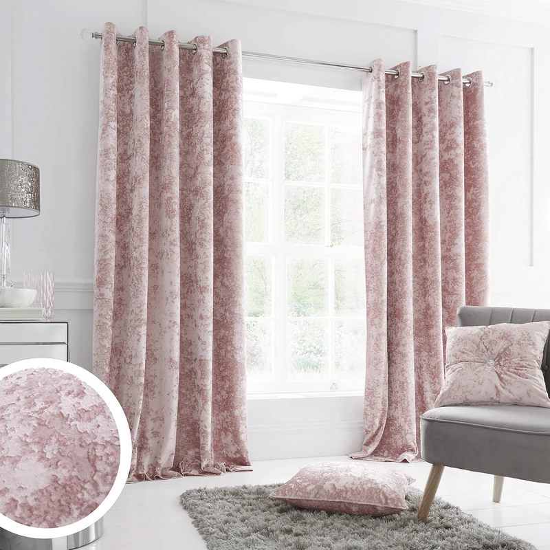 Catherine Lansfield Crushed Velvet 66x90 Inch Lined Eyelet Curtains Two Panels Blush Pink