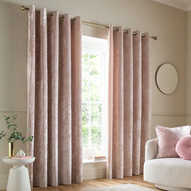 Catherine Lansfield Crushed Velvet 66x72 Inch Lined Eyelet Curtains Two Panels Blush Pink