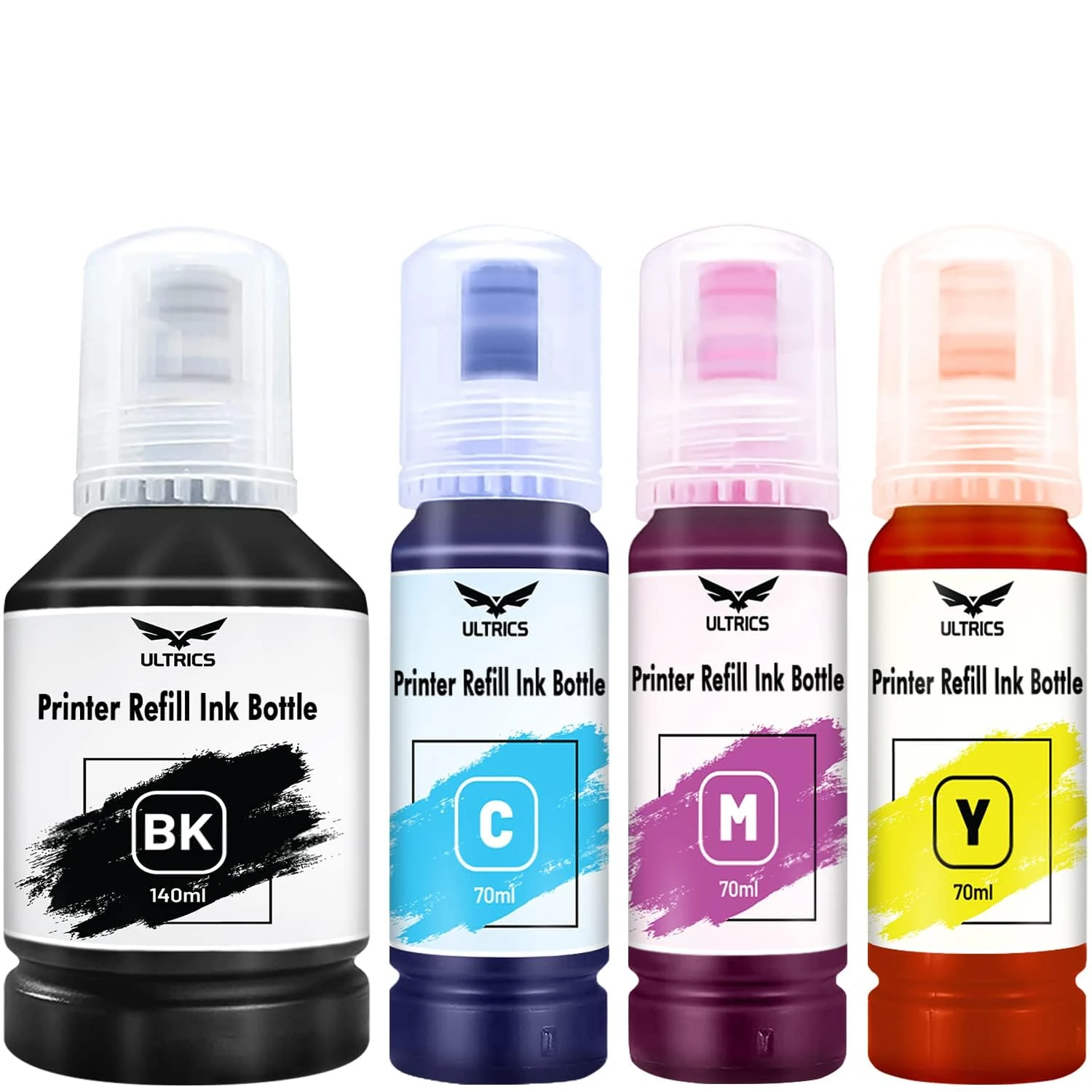 ULTRICS Printer Refill Ink, Universal Bulk Refillable Ink Kit for Refilling Ink Cartridges and CISS Systems for Epson Canon Brother Dell HP Kodak Lexmark Xerox - BK 140ml, C M Y 70ml Each