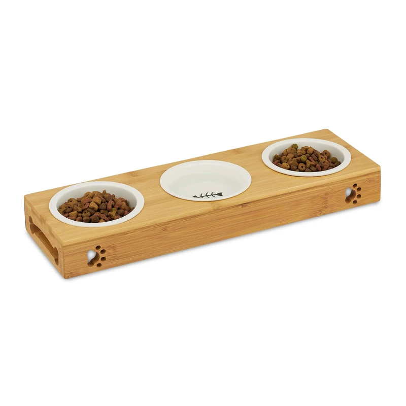 Relaxdays Bamboo Dog Feeding Station, 3 Ceramic Bowls, Water & Food, Dishwasher-Safe, Cats, Various Sets, Natural, 10028853_59