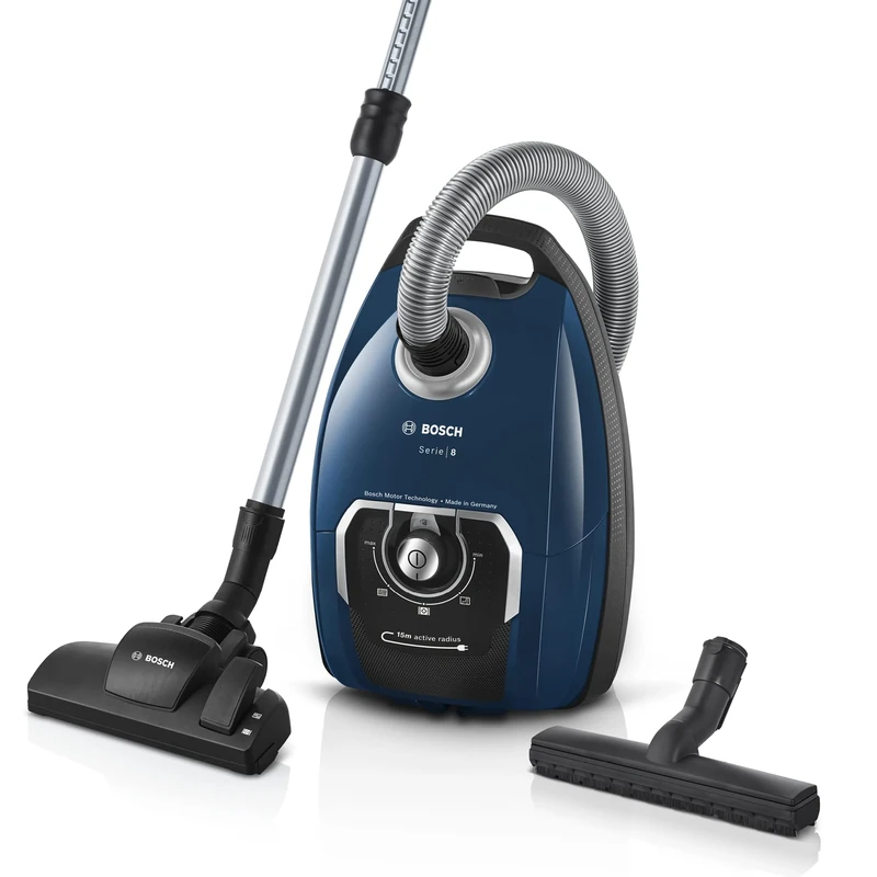 Bosch BGB75X494 Series 8 Vacuum Cleaner with Bag, Floor Vacuum Cleaner, Ideal for Allergy Sufferers, Hygiene Filter, Floor Nozzle for Parquet, Carpet, Tiles, Long Cable, Quiet, 650 W, Blue