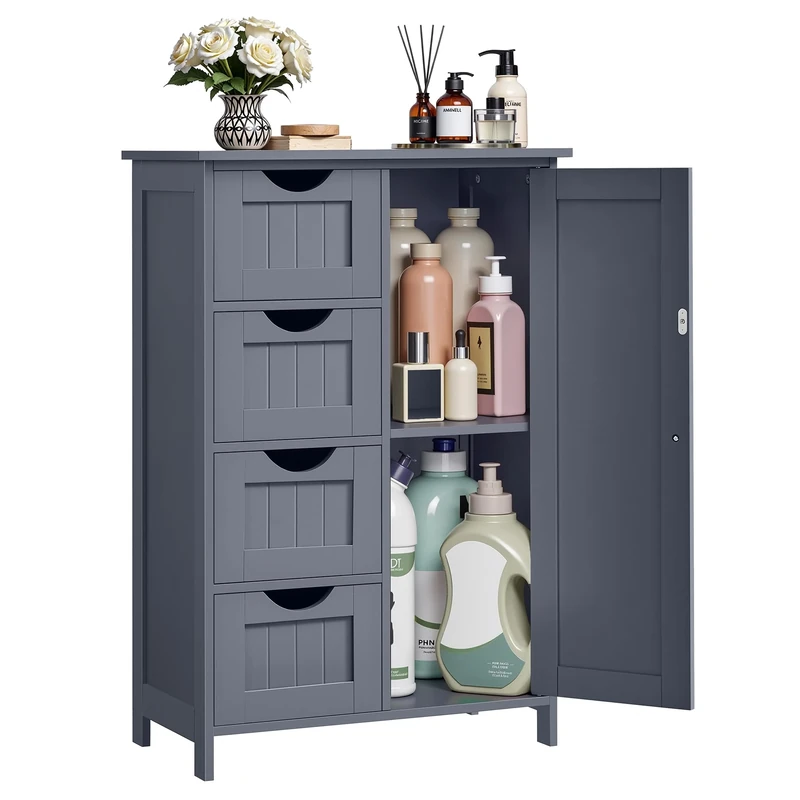 VASAGLE Bathroom Cabinet Narrow Bathroom Cabinet Chest of Drawers with 4 Drawers Adjustable Shelf for Living Room Kitchen Hallway Deep Freestanding Grey LHC41GY
