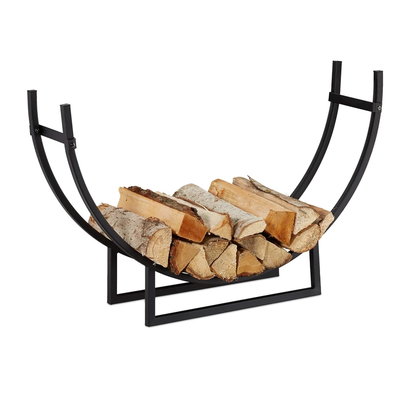 Relaxdays Firewood Rack, Half-Round, Indoors, Powder-Coated Steel, Log Cradle, HxWxD 55x92x21 cm, Black, 10028771