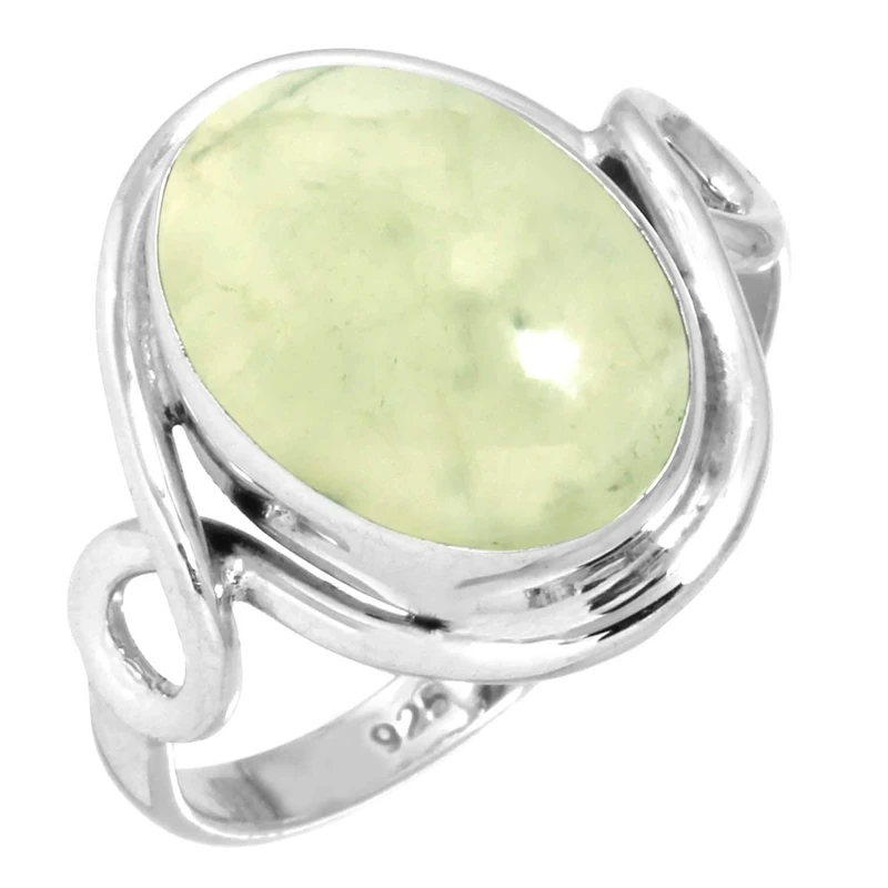 Jeweloporium Green Prehnite Silver Ring Size T, 925 Sterling Silver Ring for Women, Natural Oval Stone Boho Jewellery