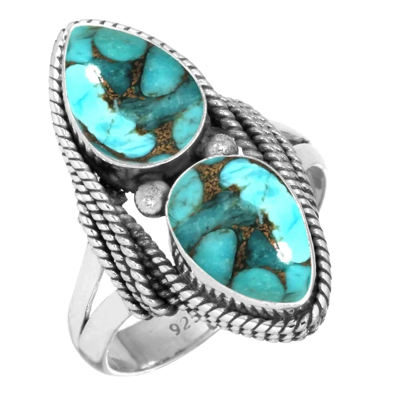 Jeweloporium Copper Blue Turquoise Silver Ring Size S, 925 Sterling Silver Ring for Women, Pear Gemstone Handmade Jewellery