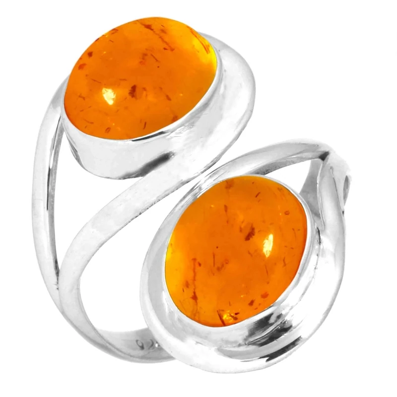 Jeweloporium Orange Amber Silver Ring Size X, 925 Sterling Silver Ring for Women, Oval Stone Boho Jewellery