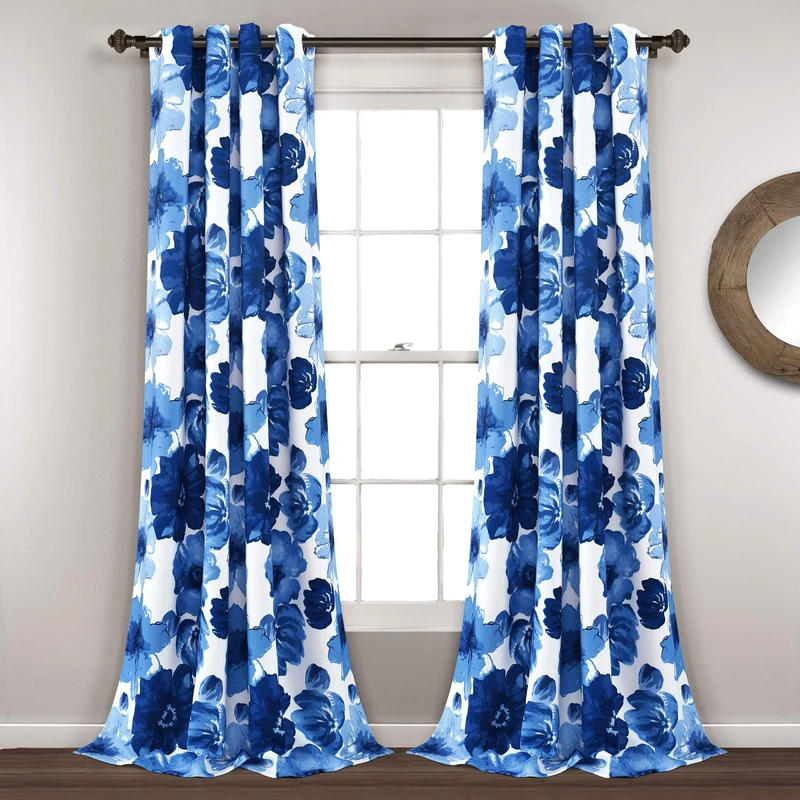 Lush Decor Leah Light Filtering Window Curtain Panel Pair Floral Insulated Grommet, 52" W x 84" L, Navy and White