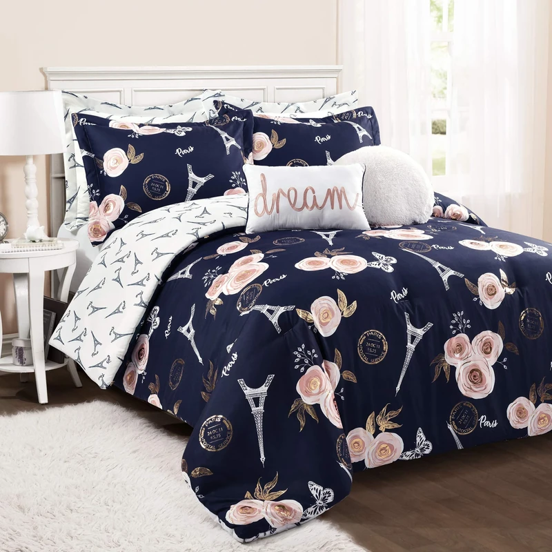 Lush Decor Navy Vintage Paris Rose Butterfly 7 Piece Reversible Full Queen Comforter Bedding Set