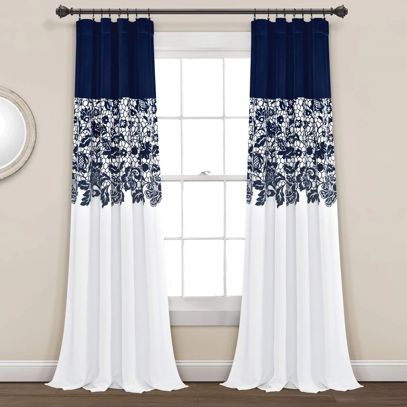 Lush Decor Navy Estate Garden Print Curtains Room Darkening Window Panel Set for Living, Dining, Bedroom (Pair), 84” long x 52” wide, 84" x 52"