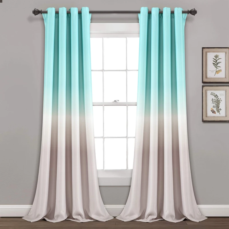 Lush Decor Aqua and Gray Umbre Fiesta Curtains Room Darkening Window Panel Set for Living, Dining, Bedroom (Pair), 84” Long x 52” Wide